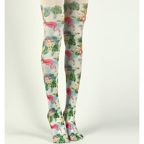 RUNNING CHICK Pastoral Style Flamingo Printed Floral Color Women Pantyhose