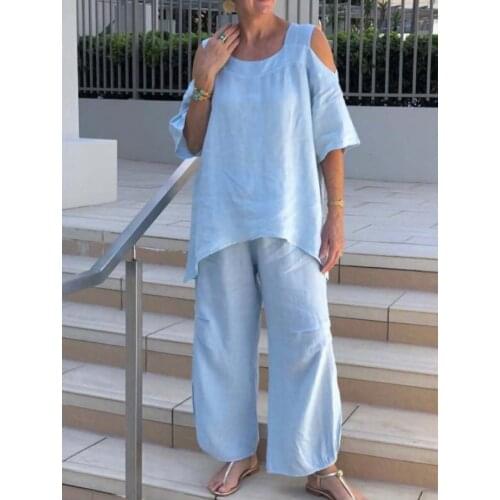 Summer womens Middle Sleeve Pants Set Leisure Polyester 2021 Solid Color Fashion Comfortable Round Neck Print Pullover