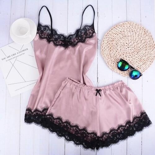 Womens Pajamas Set Home Suit Top and Shorts Sexy V-Neck Sleeveless Satin Lace Sleepwear Pijama Home Clothes for Women 2021