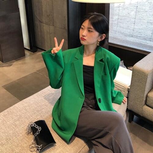 Spring Fall 2021 Womens Green Blazer Fashion Suit Collar One Button Design Plus Size Casual Long Sleeve Suit Coat Manteau Femme