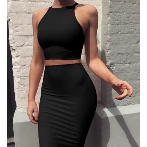 Women Multicolor Round Neck Sleeveless Halter Dress Set Sexy Summer Two-piece Set Girl Skirt Set Plus Size Black 2 Piece Set XL