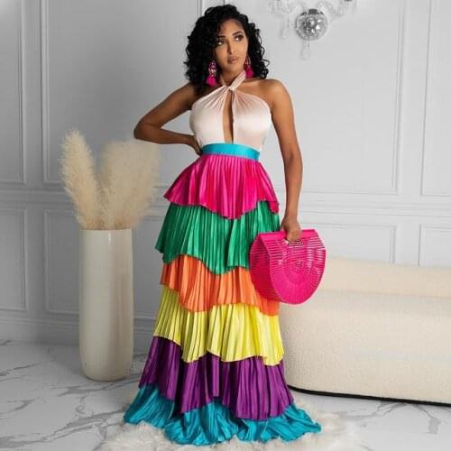 Echoine Colorful Pleated Ruffle Long Maxi Dress Summer Women Halter Lace Up Backless Sundress Vintage Vestidos Holidays Vaction