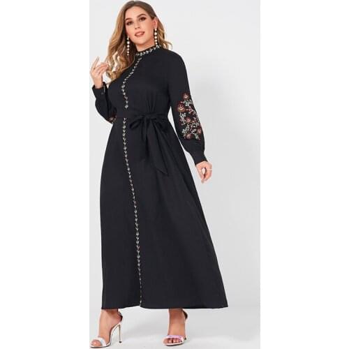 Ladies Fashion Resort Small Stand Collar Floral Embroidery Long Sleeve Loose Belt Sweet Elegant Woman Black Party Maxi Dress