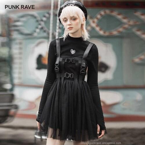 PUNK RAVE Girls Gothic Sashes Mesh Hem Suspender Dresses Party Club Women Black Bandage Dress