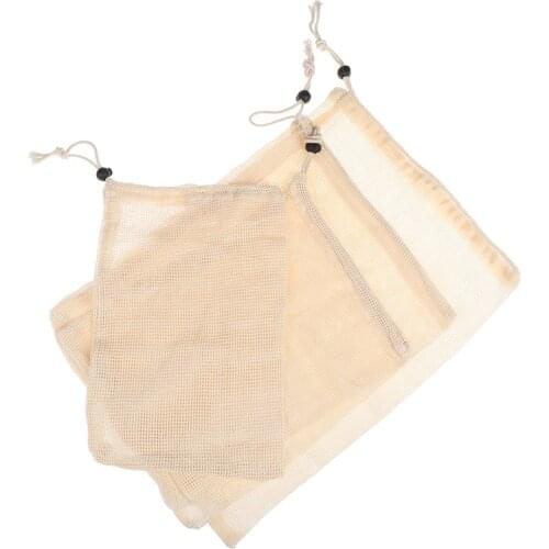 1pcs Reusable Cotton Mesh Produce Bags For Vegetable Fruit Kitchen Reusable Washable Grid Storage Bag With Drawstring