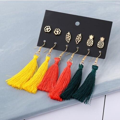 6Pairs/Set 3Color Boho Fashion Long Tassel Stud Earrings Set For Women Hot Selling Gold Color Leaves Metal Earrings