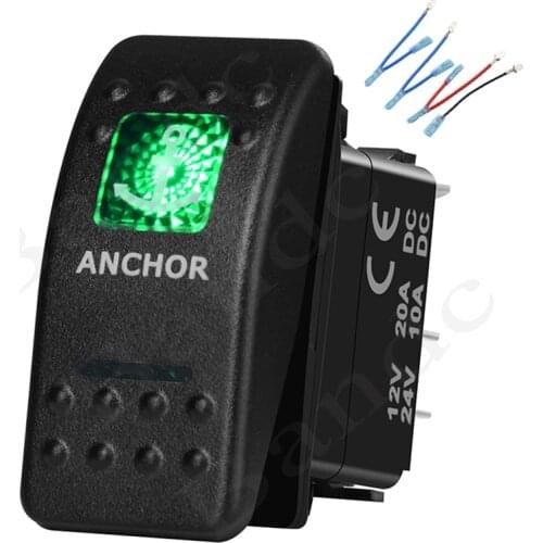 7P (ON)-OFF-ON Anchor Pattern Momentary Rocker Switch Dual Illuminated Green Led Light for Car Boat Marine Vehicle Yacht, Wires
