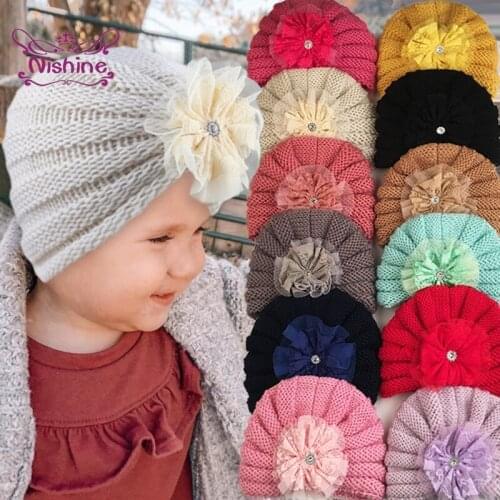 Shining Rhinestone Flower Baby Warm Hats Solid Color Handmade Knitted Striped Wool Infant Cap Fashion Toddler Turban Photo Props