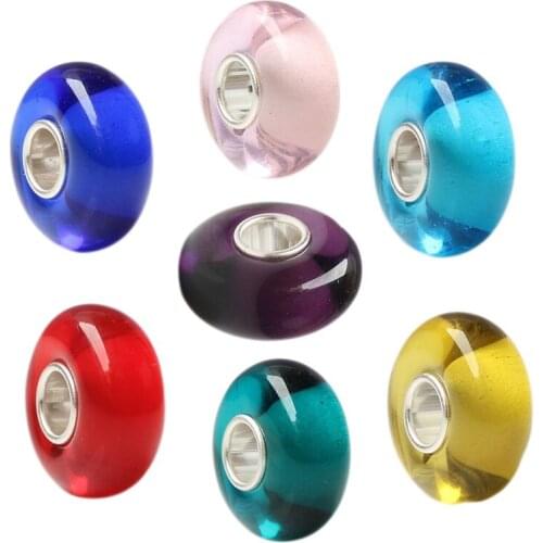 Emith Fla 100% 925 Sterling Silver Large Hole Solid Color Murano Glass European Charm Beads Fit Brand Bracelet Jewelry 7 Colors