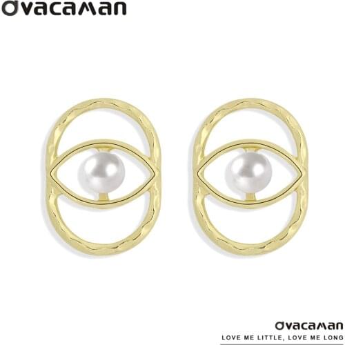 Dvacaman Hollow Geometric Metal Stud Earrings Vintage Simulated Pearls Eye Earrings Hanging Fashion Jewelry 2021 NEW Accessories