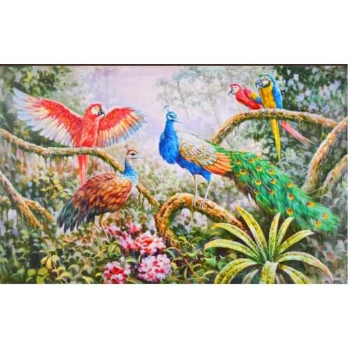 Photo wallpaper 3d custom mural Hand painted oil painting forest peacock parrot home decor room Wallpaper for walls in rolls