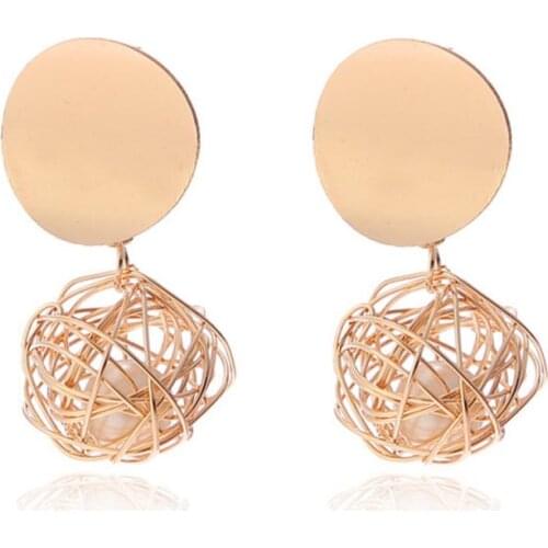 Korean Fashion Metal Woven Pearl Disc Earring Net Red Tide Temperament Earrings