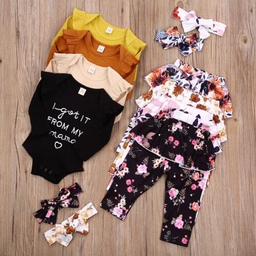 Cute 0-24M Infant Baby Girl Clothing I GOT IT FROM MY MAMA Letter Print Knited Romper+Floral Ruffle Pants Skirt Autumn 3pcs 2021