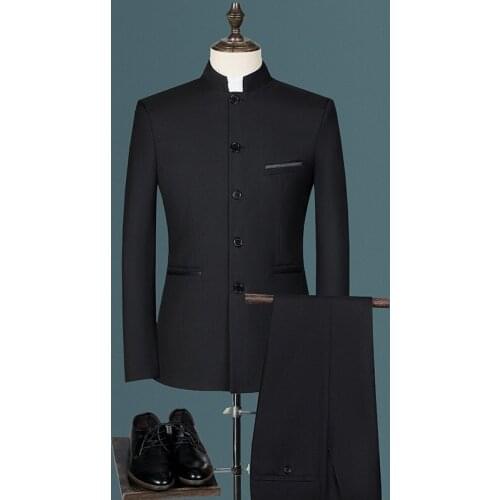 Fashion Mens Casual Boutique White Stand Up Collar Chinese Style 3 Pcs Suit Set Slim Fit Blazers Jacket Coat Pants Vest