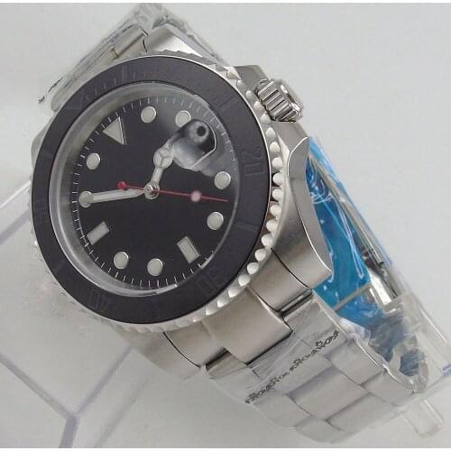 40MM Black Sterile Dial Business 21 Jewels MIYOTA 8215 Magnifier NH35A Clear Glass Back Bezel Insert Automatic Mens Watch