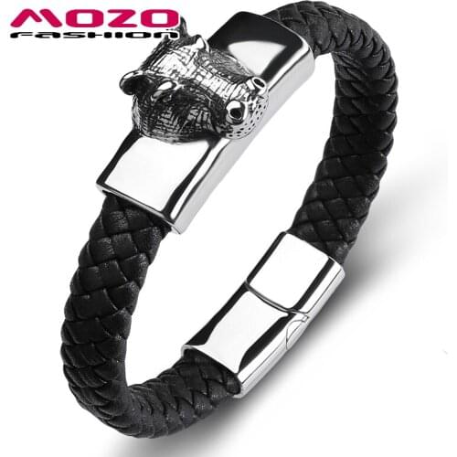 MOZO FASHION 2020 Punk Men Bracelet Leather Animals Stainless Steel Devil Man Animal beast Religion Cuffs Jewelry