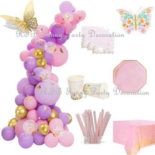 Party Disposable Tableware Decor Butterfly Flower Design Paper Plates Cups Balloons Birthday Baby Shower Wedding Party Supplies