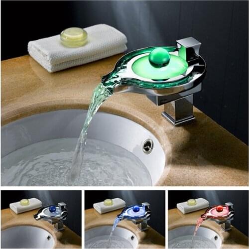 All Copper Wash Basin Sink LED Intelligent Luminous Creative Waterfall Single Hole Basin Basins Hot And Cold Water Faucet