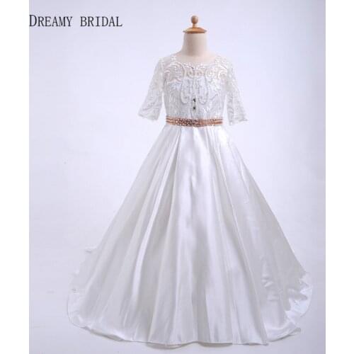 Dreamy Bridal Vintage Lace Flower Girl Dresses With Pearls Sash Illusion Half Sleeves Glitter Stones For Girls Party Birthday