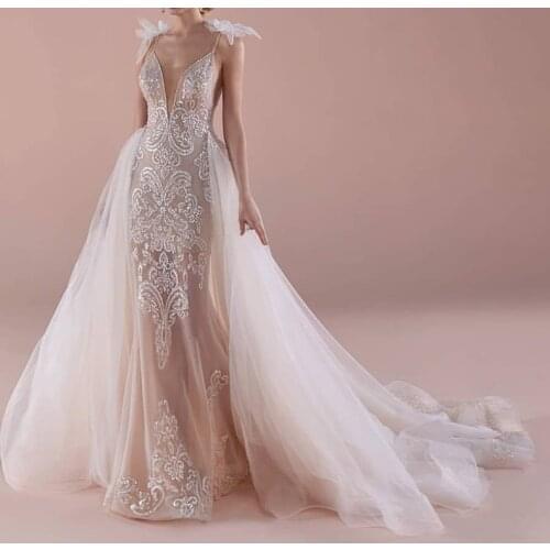 SSYFashion Custom Luxury Mermaid Evening Dress V-neck Backless Sexy Detachable Sequins Appliques Formal Gowns Vestido De Noche