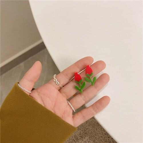 VSnow Korea Cute Red Flower Dangle Earrings for Women Girl Green Leaf Resin Arcylic Floral Rose Hanging Earrings Pendientes