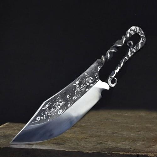 XSG 5.5 Inch Hand Forged Machete 7Cr17MoV Longquan Kitchen Knives Double Kirin Twist Steel Handle Camping Tactical Viking Knife