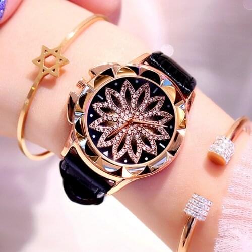 Womens Rotating Dial Watches Luxury Rhinestone Starry Sky Watch Women Rose Gold Ladies Genuine Leather Watches Diamonds New