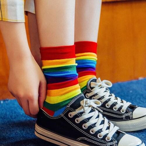 Rainbow Stripes Women Socks Long Cotton Elasticity Warm Socks for Winter Candy Color Sporty Casual Japanese Harajuku Socks Retro