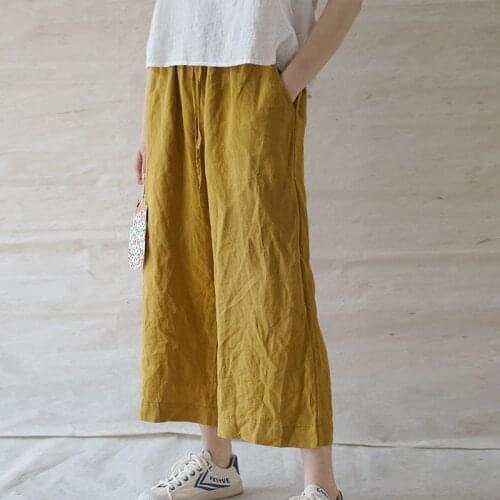 Johnature Spring Summer Leisure All-match Elastic Waist Cotton Linen Straight Pants 2021 New Loose 4 Color Women Lace Up Pants