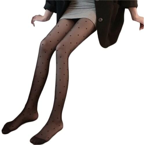 Women Sweet Heart Print Patterned Silky Pantyhose Seamless See-Through Mesh Stretch Tights Japanese Lolita Stockings