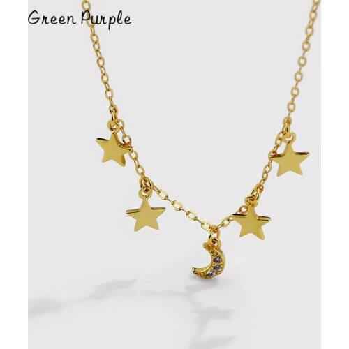 GREEN PURPLE Star & Moon Pendant Necklace S925 Sterling Silver Clavicle Chain 4A Zircon For Women Gift Party Fine Jewelry