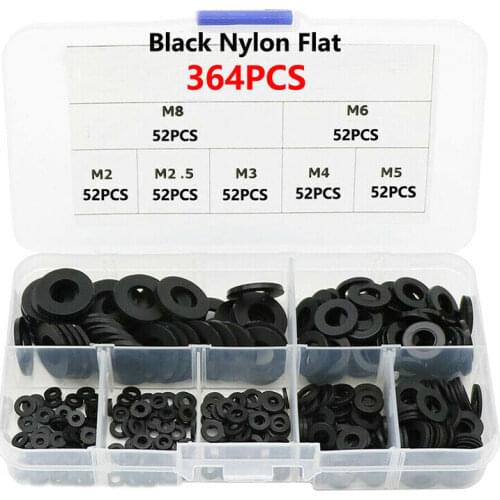 364pcs M2 M2.5 M3 M4 M5 M6 M8 Black Plastic Nylon Washer Flat Spacer Washer Seals Gasket Ring