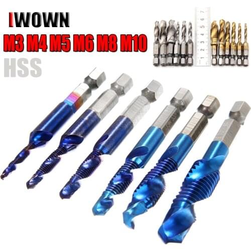 6Pcs Hex Shank Titanium Plated HSS Screw Thread Metric Tap Drill Bits Screw Machine Compound tap M3 M4 M5 M6 M8 M10 Hand Tools