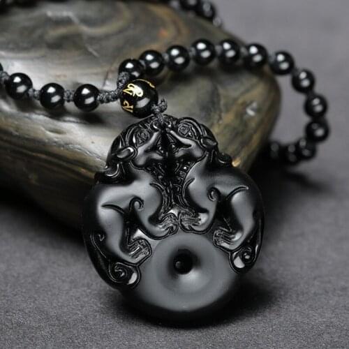 Black Obsidian Pixiu Necklaces Pendant for Men Women Lucky Jewelry