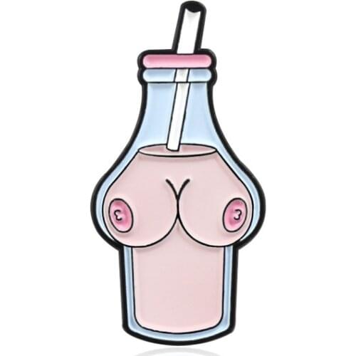 Sexy Woman Metal Enamel Brooch Pink Drink Yogurt Milk Bottle Chest Organ Badge Pin Unique Trendy Costume Backpack Jewelry Gift