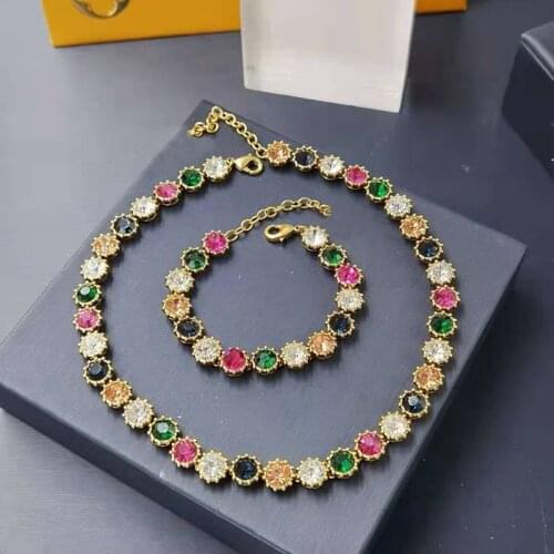 2021 Hot Fashion Jewelry Set For Women Thick Chain Party Coloured Crystal Necklace Choker Bracelet Color Pearls Jewelry Set