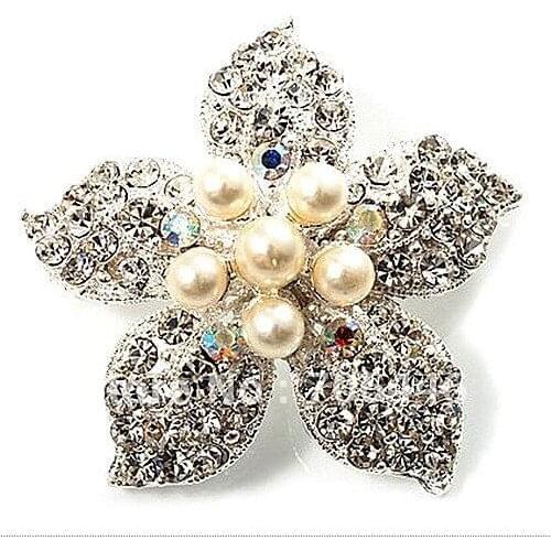 Beautiful Silver Plated Rhinestone Crystal and Cream Pearl Corsage Bouquet Flower Brooch for wedding