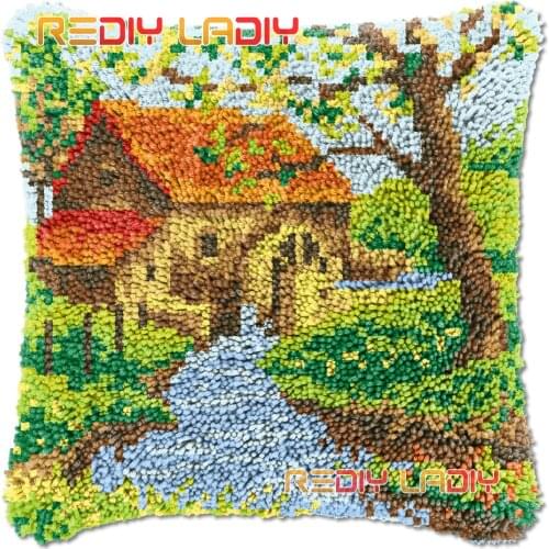 Latch Hook Cushion Cover Old Mill House Needlepoint Kits Chunky Acrylic Yarn Crocheting Pillow Case Arts & Crafts
