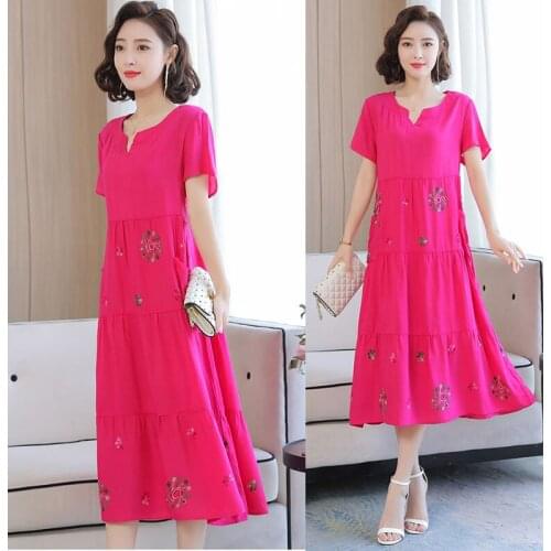 Mother Summer Dress For Womens New Style Plus Size Loose Korean V-neck Femme Embroidered Beach Dress Ethnic Style Vestidos aq670
