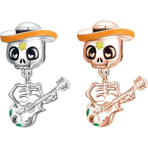 Cute Skull Guitar Pendant DIY Beads Suitable for Original Pandora Charm Bracelet Ladies Jewelry Making Gifts