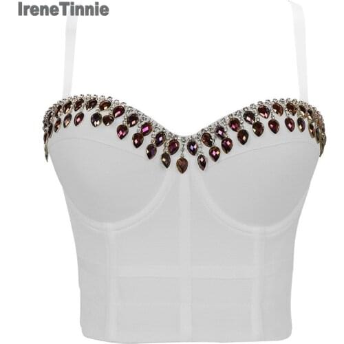 Fashion Tops Sexy Beading Rhinestone Bra Mesh Push Up Bralet Womens Corset Bustier Bra Night Club Party Cropped Top Vest