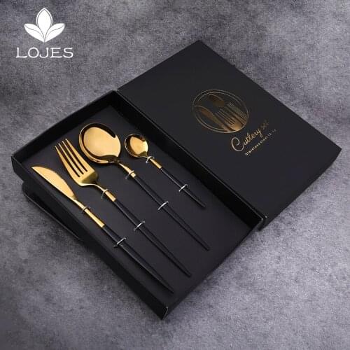 Stainless Steel Golden Cutlery Set Black Luxury Dinnerware Set Kitchen Cutlery Mirror Polishing Fork Spoons Knives Set 4Pcs