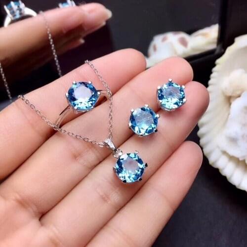 Natural blue topaz gem Ring Pendant earrings Natural Gemstone Jewelry Set 925 Silver Classic round Women party gift jewelry