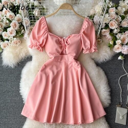 Neploe Square Collar Off Shoulder Gentle Women Dress Summer Puff Sleeve Solid Bowknot Belt Vestidos High Waist Slim Casual Robe