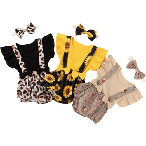 New Kids Suit Set, Solid Color O-Neck Short Sleeve Tops+ Sunflower Print Suspender Shorts+ Hairband for Girls, 0-24 Months