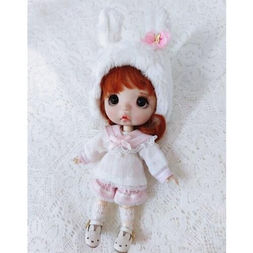 OB11 baby dress 3 piece pink blue navy collar set plush rabbit ear hat doll clothes suit Doll Accessories