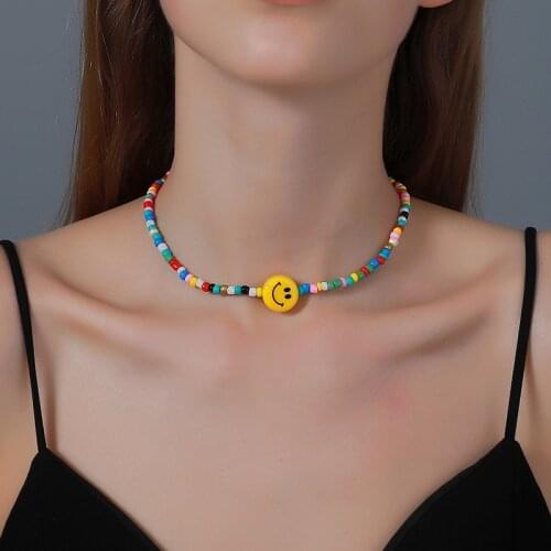 New Trendy Beaded Choker Colorful Flower Smiley Necklace for Women Summer Hot Jewelry Cute Sweet Girls Smile Face Beads Necklace