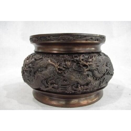 Song voge gem S0247 Chinese Buddhism Bronze Copper Six Dragon Bowl Tank Pot Incense burner Censer