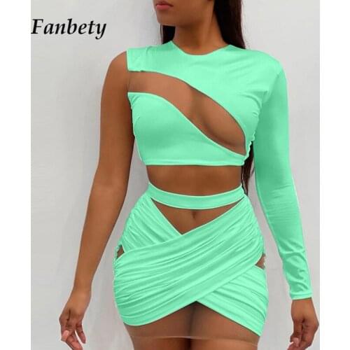 Sexy Mesh See Through Hollow Out Women Two Piece Set Summer Elegant O Neck Solid Bandage Bodycon Slim One-Shoulder Party Skirts