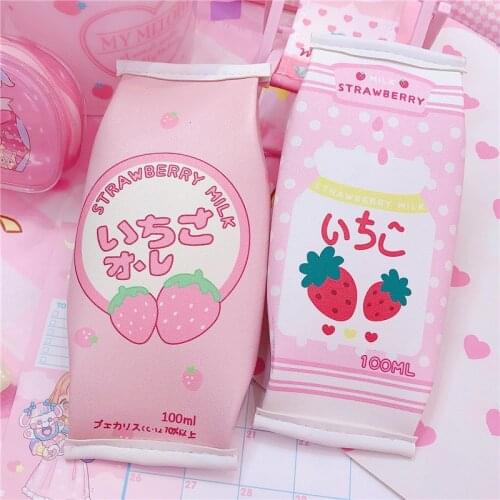 Lovely Strawberry PU Leather Pencil Case Simulation Milk Box cute pencil case Kawaii Stationery School Supplies kids gift
